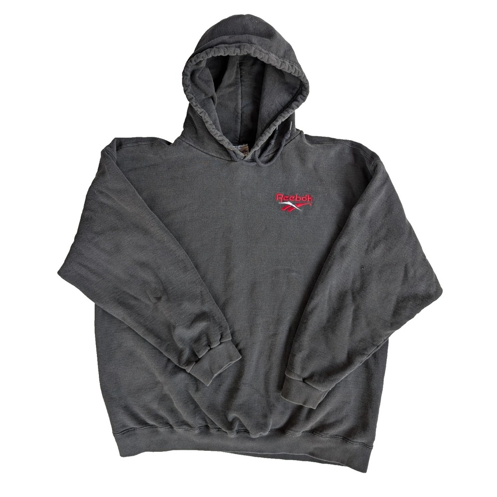 Vintage Reebok Hoodie Mens‎ XL Black 90s Faded Drawstring Logo Pullover